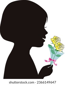 Profile silhouette of a girl holding a bouquet of white roses for Father's Day gift