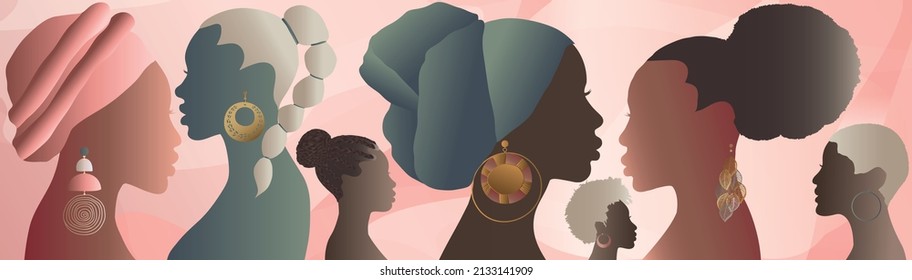 Grupo de siluetas de perfil de mujeres y niñas afroamericanas o africanas. Cabezas y caras de mujeres negras. Comunidad social femenina. Igualdad racial. Ally. Empoderamiento. Autoconfianza