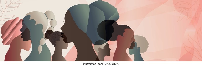 Profile silhouette group of African American or African women and girls. Heads and faces of black women. Female social community. Racial equality. Allyship. Empowerment. Banner copy space