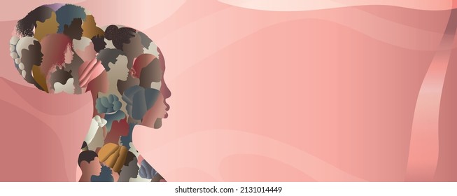 Profile of a silhouette group of many African-American or African women and girls form a woman head in profile. Female social network community. Racial equality. Ally. Empowerment. Banner