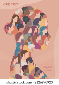 Profile Silhouette Group Of Many Multicultural Women And Girls Forming A Woman Head In Profile. Female Community Of Social Network. Racial Equality. Allyship. Empowerment. Cover - Poster