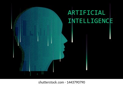 Profile silhouette of a human. Conceptual image of AI (artificial intelligence), VR (virtual reality) and Face recognition systems. Cyberpunk futuristic style vector illustration.