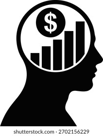 Silueta de Perfil de una cabeza humana con un gráfico interno que muestra una moneda de dólar y un gráfico de barras, que representa el pensamiento financiero y el progreso