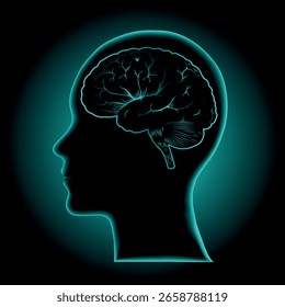 Silueta de Perfil de una cabeza humana rodeada de color verde similar a un escáner y rayos X con un cerebro brillante. Diseño para estudios en medicina, inteligencia artificial, ciencia y tecnología