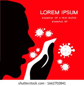 Profile silhouette of a man who coughs. Hand with mask covers nose and mouth. Prevention and protection against viruses. Information of the population. Place for text.