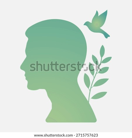 A profile silhouette of a man's head is adorned with a flying dove and an olive branch, representing peace, freedom, and hope