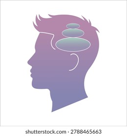 A profile silhouette of a man's head filled with a gradient of purple and blue, featuring balanced stacked stones inside symbolizing mental clarity and tranquility