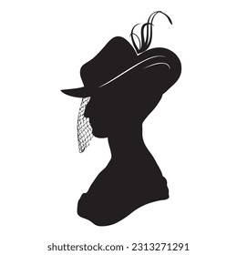 Profile silhouette of an old maid's face in a retro hat with a veil