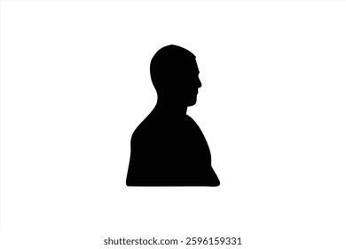 Profile silhouette of a person displayed in a minimalist style. The figure is solid black, creating a stark contrast against the white background, emphasizing the shape and form.