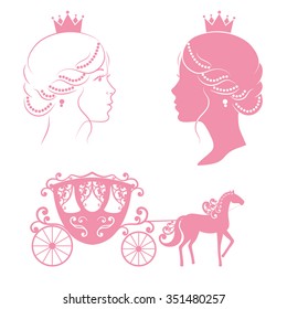 Profile silhouette of a princess and carriage with horse in pink color isolated on white background. Vintage royal set collection. Vector illustration.