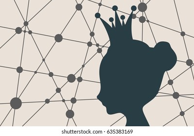 Profile silhouette of a princess. Cute adolescent girl portrait. Bun hairstyle. Fashion branding. Molecule And Communication Background. Connected lines with dots.