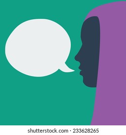 Profile silhouette of talking woman with long hair. Empty speech cloud for text
