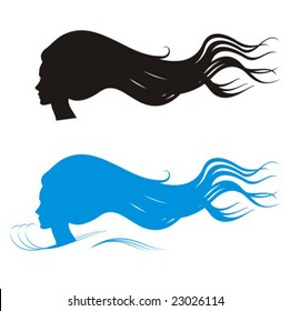 Profile silhouette of a woman head with long waving hair blown by wind. Very easy to change color.