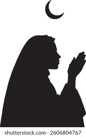 A profile silhouette of a woman wearing a hijab, hands in prayer position, with a crescent moon above her head.