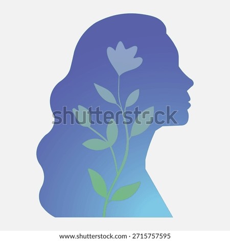 A profile silhouette of a woman's head filled with a gradient of blue and green, featuring a delicate plant with leaves and flowers growing within