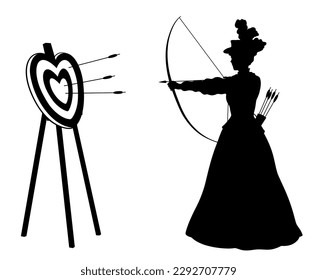 Profile silhouette of young female archer in victorian dress shooting arrows at heart shaped target.