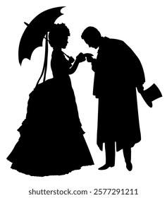 Profile silhouette of young victorian couple in which man kisses woman's hand