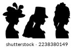 Profile silhouettes of beautiful young Victorian woman with three different types of hats.