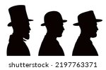 Profile silhouettes of handsome young men wearing three different vintage hats and clothes.  