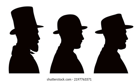 Profile silhouettes of handsome young men wearing three different vintage hats and clothes.  