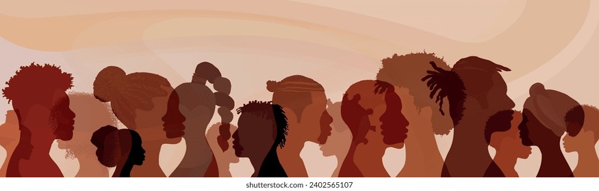 Profile silhouettes people African and African American. Ethnic group men and women with black skin. Black history month event. Racial equality - justice - identity - anti-racism. Banner