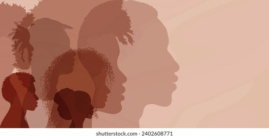 Profile silhouettes people African and African American. Black history month event. Ethnic group men and women with black skin. Racial equality - justice - identity - anti-racism. Banner