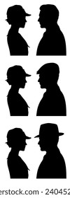 Profile silhouettes of three young couples in 1930s clothes where woman and man are eye to eye and man wears flat cap and fedora hat.