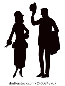 Profile silhouettes of young couple in 1920s where man tip his bowler hat in front of woman. Man taking off his hat meeting a lady.