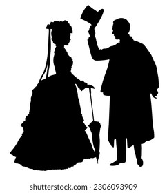 Profile silhouettes of young standing couple  in victorian dress in which the man takes off his top hat in front of the woman.