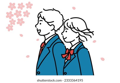 Profile simple illustration of male and female students, cherry blossom season