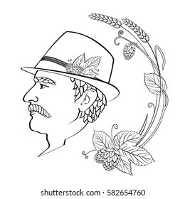 Profile sketch mustachioed man in Tyrolean hat, drawn decorative frame with graphic elements of wheat, hops, leaves, tendrils of plants. Design for a brewery, pub, cafe. Vector isolated on background.