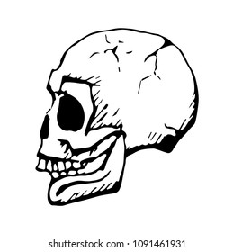 Profile skull drawing with crackles. Grunge vector icon.