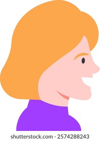 Profile of a smiling businesswoman with short blonde hair wearing a purple shirt, suggesting optimism, confidence, and professionalism in the workplace