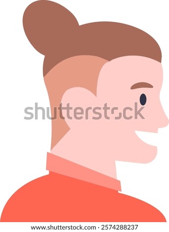Profile of a smiling man showcasing a modern bun hairstyle, wearing a vibrant red shirt, radiating style and positivity with a cheerful expression and confident demeanor