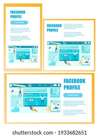 Profil in Social Network Creation Banner Set. Designer-Team arbeitet an der korrekten Gestaltung von Medienkontos und Inhalten. Cross Platform. Apps und Dienste für Benutzer. Vektorgrafik von Marketingmaterial