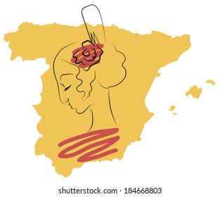 Profile of a Spanish girl on a background outline map of Spain