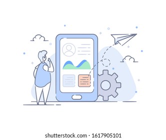 profile statistic. a man looking at profile statistic on mobile phone. Vector illustration line filled design style. Symbol of apps technology
