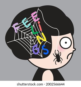 Profile Of Stressed Girl's Feeling In Colorful Word Attached With Tangle Web Spiders In Her Head Concept Card Character illustratin