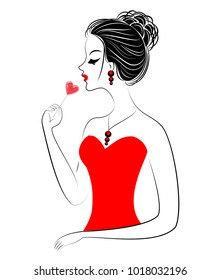 Profile of a sweet lady. The girl is eating candy. A young and beautiful woman. Valentine's gift for St. Valentine's Day. Vector illustration.