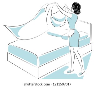 Profile of a sweet lady. The girl is making the bed in the room. A woman is a good wife and a neat housewife. Vector illustration.