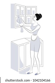 Profile of a sweet lady. The girl removes dust in the kitchen, washes the closet. A woman is a good wife and a neat housewife. Vector illustration.