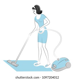 Profile of a sweet lady. The girl removes dust in the room with a vacuum cleaner. A woman is a good wife and a neat housewife. Vector illustration.