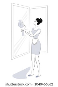 Profile of a sweet lady. A girl is washing windows. A woman is a good wife and a neat housewife. Vector illustration.