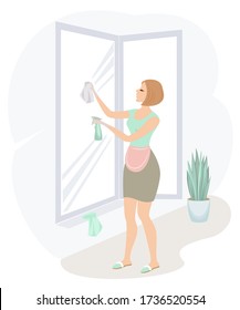 Profile of a sweet lady. A girl is washing windows. A woman is a good wife and a neat housewife. Vector illustration.