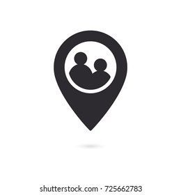 Profile symbol. Map marker and avatar. Location icon. Family pin. Icon with humans. Pin icon vector. Location sign. Pointer. Marker icon. Map pointer. Gps navigation. Road map. Position indicator.
