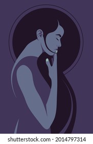 The profile of a thoughtful woman on the dark background. Loneliness and depression. Vector flat illustration