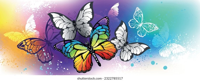 Profile title with rainbow butterfly and gray, artistically drawn, realistic butterflies on rainbow iridescent background. Rainbow butterfly.