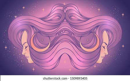 The profile of two girls with stars and moons at her hair. Female portrait of magic night fairy. Isolated vector illustration. Fantasy, spirituality, occultism, tattoo. Art nouveau inspired.