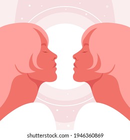 Profile of a two young women with closed eyes. Gemini. Side view. Horoscopes and astrology. Vector illustration in flat style.