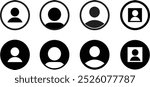 Profile user icons set. Person profile avatar with account symbol. Black Flat vectors isolated on transparent background. Icons for applications and communication. Social media concepts.